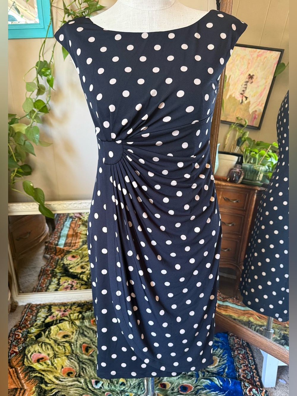 Dressbarn Polka Dot Dress Black Cream Side-Ruched Midi Dress, Size 12